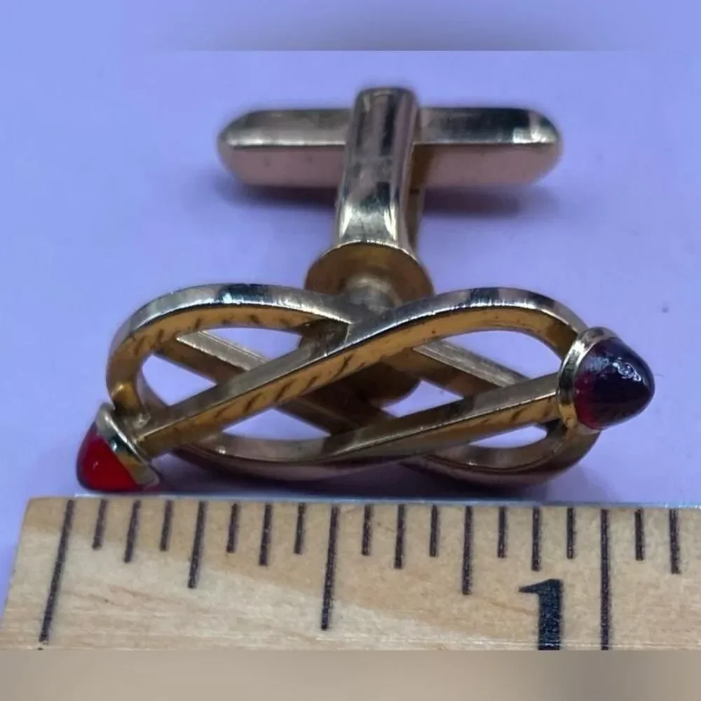 Gold Tone Mens Cufflinks Red Teardrop Glass Infinity Knot Whale Back Style 1”
